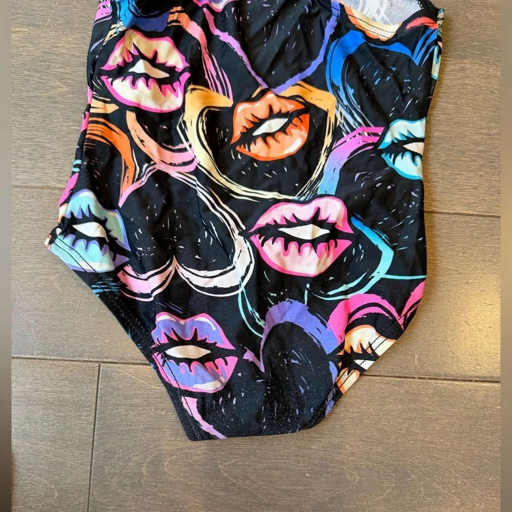Girls' Black One-Piece Swimsuit with Colorful Lip Print